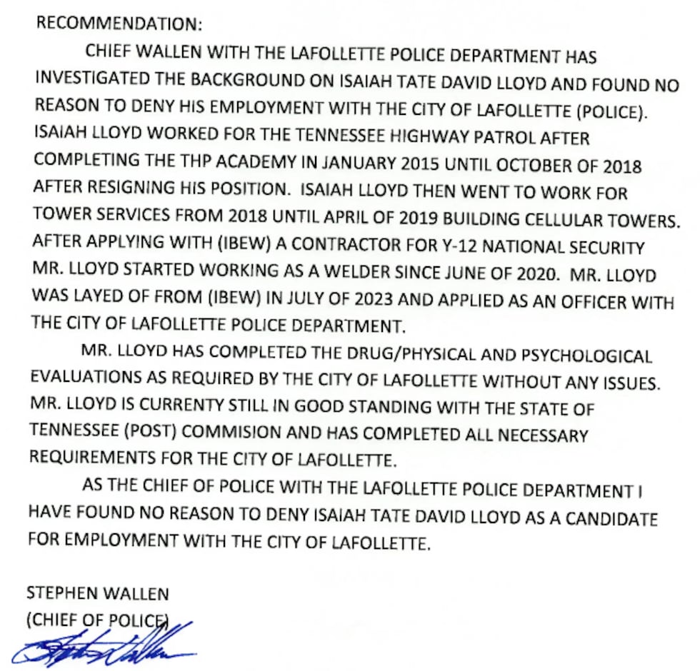 A letter recommending Lloyd's employment