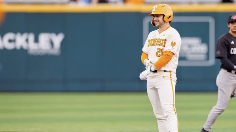 KNOXVILLE, TN - February 14, 2026 - Infielder/Outfielder Tyler Myatt #20 of the Tennessee...