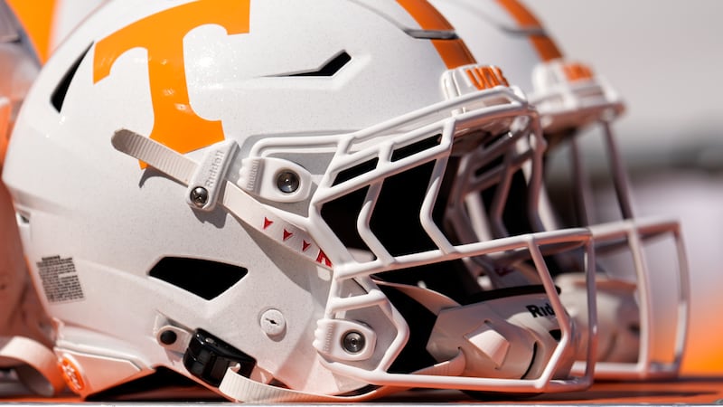 A Tennessee helmet is seen before an NCAA college football game Saturday, Sept. 13, 2025, in...