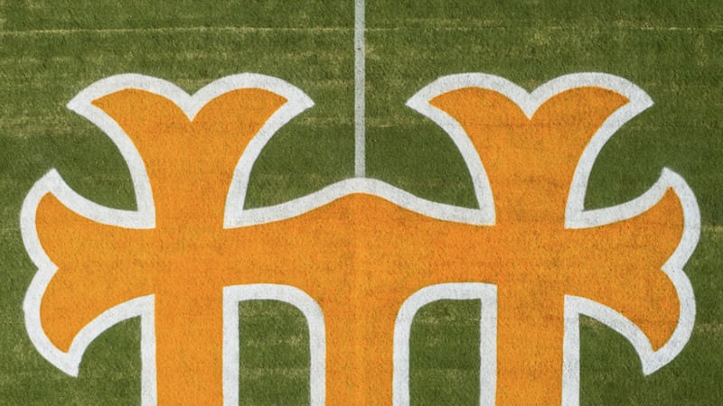 The interlocking UT logo will sit at midfield of Neyland Stadium on Saturday