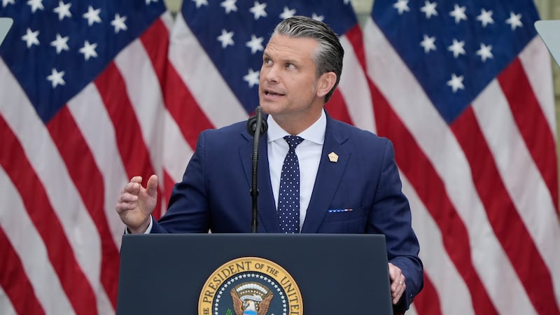 FILE - Defense Secretary Pete Hegseth speaks during a ceremony to commemorate the 25th...