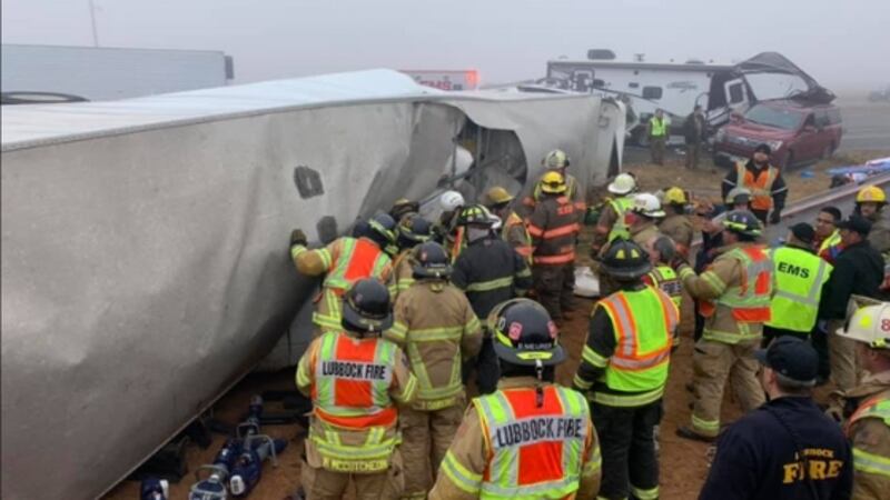 Members with the Lubbock Fire Department help out with a series of crashes on Highway 84 in...