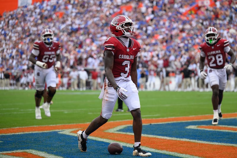 South Carolina wide receiver Mazeo Bennett Jr. (3) celebrates scoring a touchdown during the...