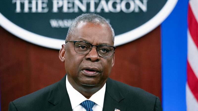 FILE - Secretary of Defense Lloyd Austin speaks at a virtual Ukraine Defense Contact Group...