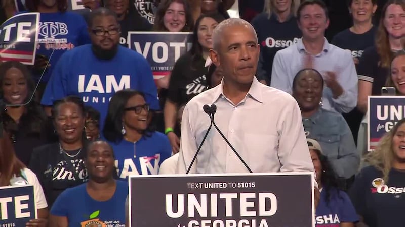 Obama doubles down on his "Cheesecake Factory" joke after criticism from Trump. (Source: POOL...