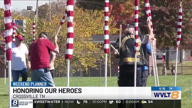 Volunteers set up the annual display ahead of Veterans Day; flags will be unfurled Saturday...